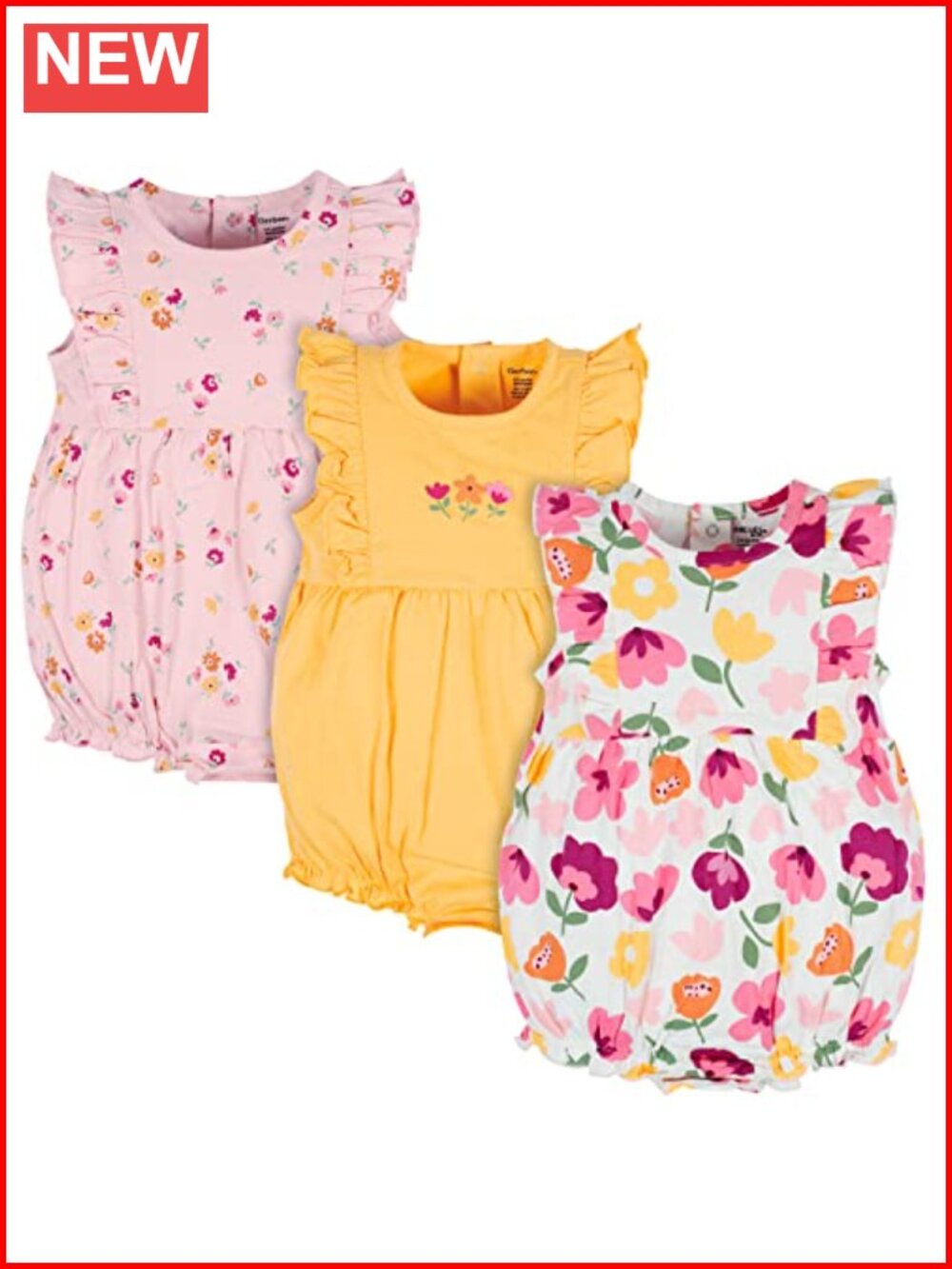 Baby Girls 3-Pack Rompers Cotton Snap Closure Short Sleeve